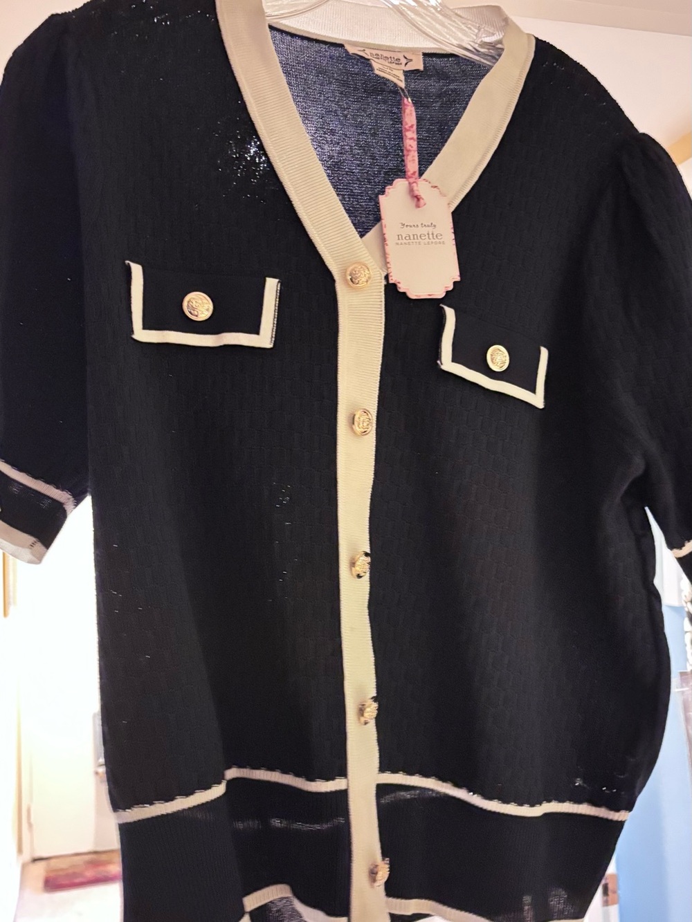 Nanette Lepore Navy Cardigan with Cream Trim - Picture 3 of 5